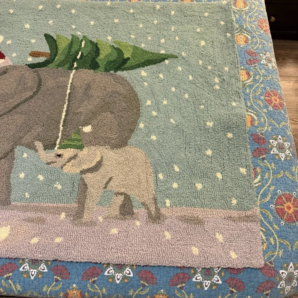 Christmas Elephant Hooked Wool Rug 33x45 Holiday Accent Rug Winter Tree Decor
